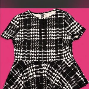 SHEIN Black & White Plaid Short Sleeve Peplum Top